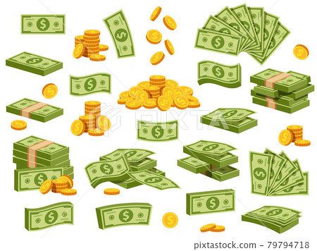 Cartoon banknotes and coins. Green dollar bill packs, bundles, stacks and piles. Flying banknote and falling gold coin. Bank cash vector set Cartoon banknotes and coins. Green dollar bill packs, bundles, stacks and piles. Flying banknote and falling gold coin. Bank cash vector set 79794718