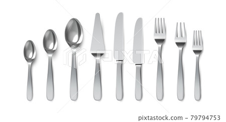 Realistic cutlery. Spoons, forks and table knives. Silverware utensil for serving. Dessert spoon and cake knife. Metal tableware vector set 79794753