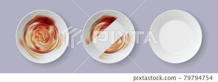 Realistic dirty dish. Process of cleaning dinner plate with dishwashing soap. 3d dishes with food leftovers and clean stripe vector template 79794754