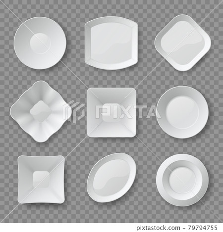 Realistic dishes. 3d white empty food plates, saucers and bowls top view. Clean porcelain dish mockups. Ceramic dishware designs vector set 79794755