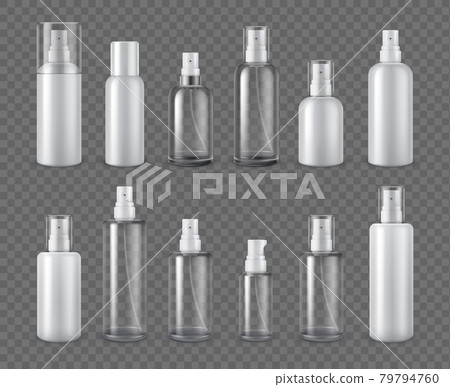 Spray bottles. Realistic cosmetic aerosol, deodorant or sprayer clear bottle package mockups. 3d plastic cream dispenser with cap vector set 79794760