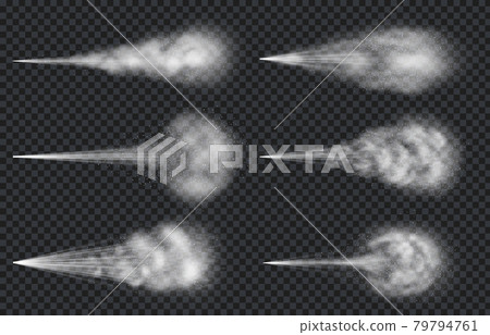 Air water spray. Realistic mist steam and cloud of atomizer. Aerosol deodorant or perfume jet. Spread particles effect isolated vector set 79794761