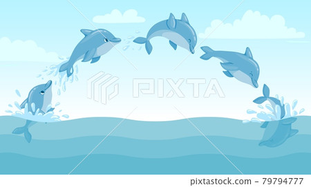 Dolphin jump out of water. Cartoon marine landscape with jumping dolphins and splashes. Cute ocean dolphin character vector animation frames 79794777