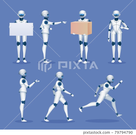 Humanoid robot mascot. Cartoon future android character poses. 3d robots running, standing, holding poster board and delivery box vector set 79794790