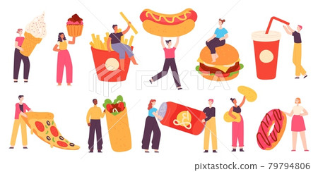 People with fast food. Tiny characters hold pizza, burger, hot dog, soda drink, potato chips and sweet dessert. Flat street food vector set People with fast food. Tiny characters hold pizza, burger, hot dog, soda drink, potato chips and sweet dessert. Flat street food vector set 79794806