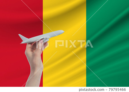Airplane in hand with national flag of Guinea. Travel to Guinea Airplane in hand with national flag of Guinea. Travel to Guinea 79795466