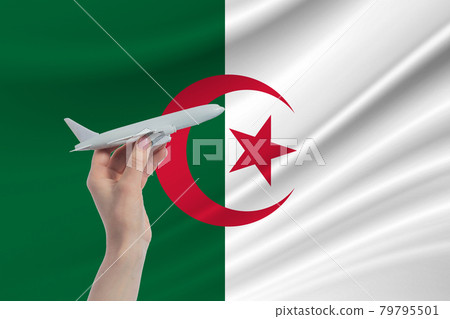 Airplane in hand with national flag of Algeria. Travel to Algeria 79795501