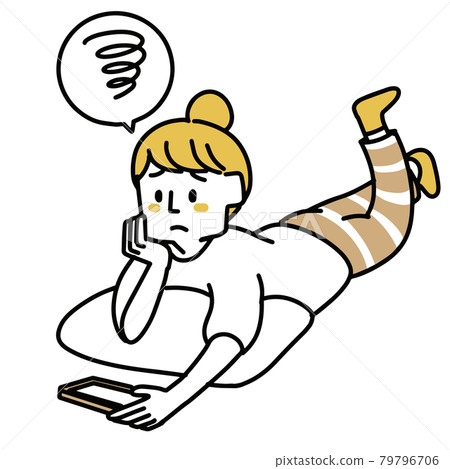A woman watching a video while lying down (disappointed) A woman watching a video while lying down (disappointed) 79796706