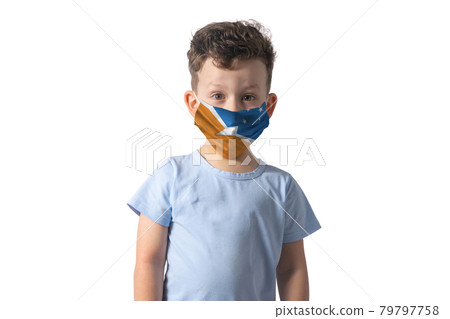 Respirator with flag of Argentine Antarctica. White boy puts on medical face mask isolated on white background 79797758