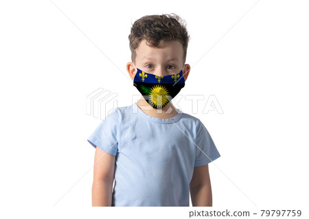 Respirator with flag of Guadeloupe. White boy puts on medical face mask isolated on white background Respirator with flag of Guadeloupe. White boy puts on medical face mask isolated on white background 79797759
