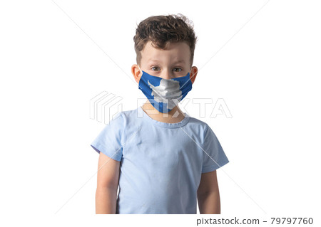 Respirator with flag of Antarctica. White boy puts on medical face mask isolated on white background Respirator with flag of Antarctica. White boy puts on medical face mask isolated on white background 79797760
