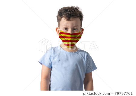 Respirator with flag of Catalonia. White boy puts on medical face mask isolated on white background Respirator with flag of Catalonia. White boy puts on medical face mask isolated on white background 79797761