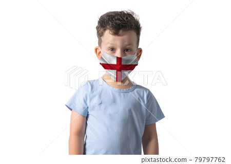 Respirator with flag of England. White boy puts on medical face mask isolated on white background Respirator with flag of England. White boy puts on medical face mask isolated on white background 79797762