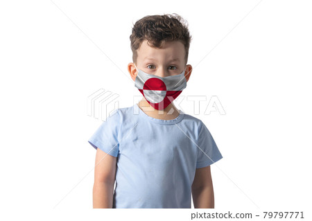Respirator with flag of Greenland. White boy puts on medical face mask isolated on white background Respirator with flag of Greenland. White boy puts on medical face mask isolated on white background 79797771