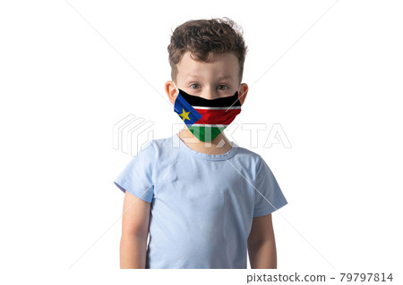 Respirator with flag of South Sudan. White boy puts on medical face mask isolated on white background 79797814