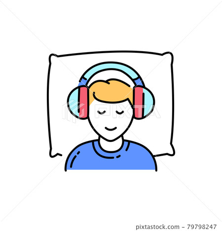 Listen to sleep music color line icon. Autonomous sensory meridian response, sound waves as a symbol of enjoying sounds. Editable stroke. Listen to sleep music color line icon. Autonomous sensory meridian response, sound waves as a symbol of enjoying sounds. Editable stroke. 79798247