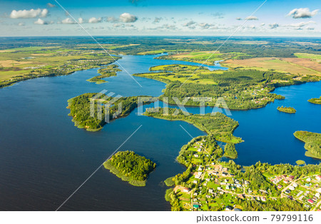 Lyepyel District, Vitebsk Region, Belarus. Aerial View Of Lepel Lake With Natural Small Islands Lyepyel District, Vitebsk Region, Belarus. Aerial View Of Lepel Lake With Natural Small Islands 79799116