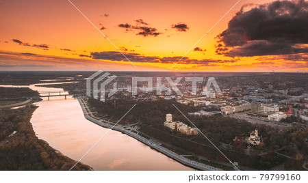 Gomel, Belarus. Aerial View Of City Park Paskeviches Palace And Homiel Cityscape Skyline In Autumn Evening. Residential District And River During Sunset. Bird's-eye View 79799160