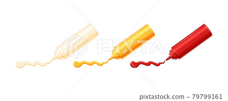 Set of plastic bottles with sauces. Mayonnaise, ketchup and mustard are squeezed out of bottles. Vector illustration. 79799161
