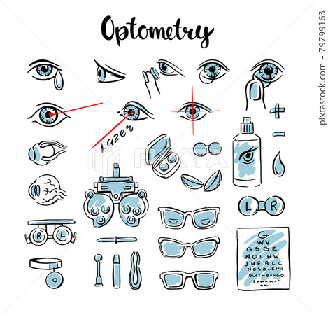 Optometry is a set of doodles, with eyes, lenses and glasses for medical information graphics. Manual vector illustration. 79799163