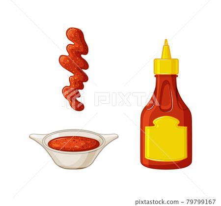 Hot chili sauce bottle. A set of sauce pan and sauce stain. Food icon set with label package, mock up. Vector illustration. 79799167
