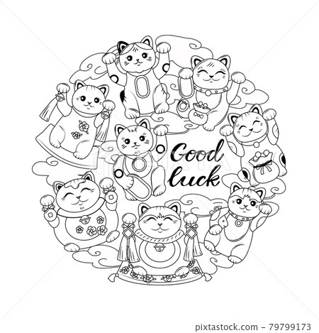 Japanese cat Maneki neko outline. Set of cats coloring book for adults. Vector illustration. Japanese cat Maneki neko outline. Set of cats coloring book for adults. Vector illustration. 79799173