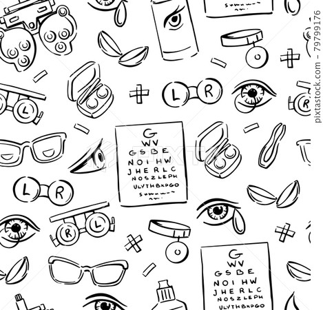 Ophthalmology doodle seamless pattern. Optometry, contact lenses, glasses, phoropter and much more. Vector hand-drawn background. Ophthalmology doodle seamless pattern. Optometry, contact lenses, glasses, phoropter and much more. Vector hand-drawn background. 79799176