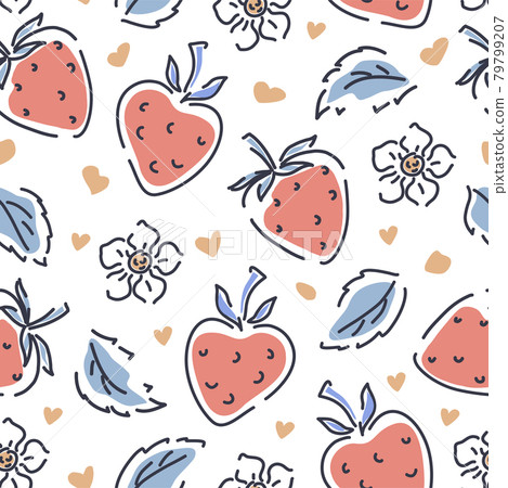 Strawberries, flowers, leaves and hearts seamless pattern on a white background. Vector illustration. Strawberries, flowers, leaves and hearts seamless pattern on a white background. Vector illustration. 79799207