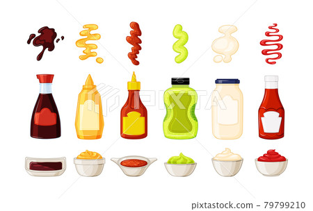 Bottles with sauces, saucers and splashes of sauces on a white background. Ketchup, soy sauce, mustard, mayonnaise-collection. Vector illustration. Bottles with sauces, saucers and splashes of sauces on a white background. Ketchup, soy sauce, mustard, mayonnaise-collection. Vector illustration. 79799210