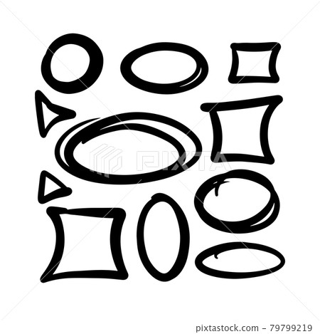 Hand-drawn figures set. Circles, squares, ovals, triangles, abstract. Black and white color. Vector illustration on an isolated background. Hand-drawn figures set. Circles, squares, ovals, triangles, abstract. Black and white color. Vector illustration on an isolated background. 79799219