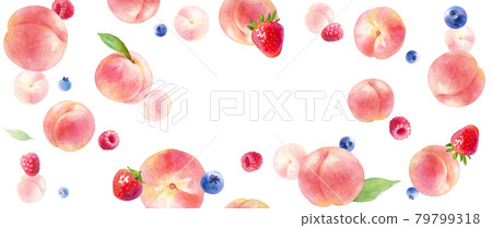 Watercolor illustration of juicy peaches and berries. Frame background design. Horizontal size. 79799318