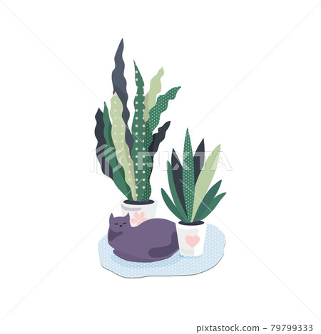 Cozy vector illustration with a cat and potted flowers on a white isolated background. Sticker, greeting card, decoration. 79799333