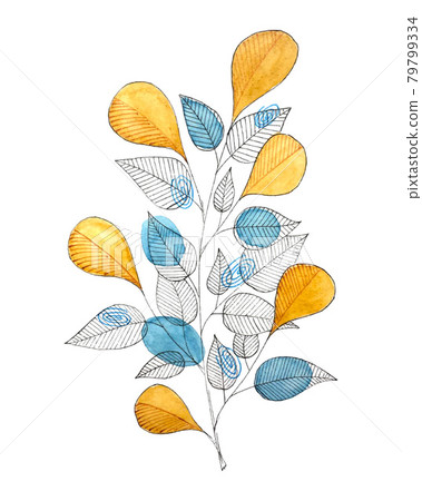 Decor element branch with leaves in doodling style, vector watercolor hand drawing, for design, background, banner. 79799334