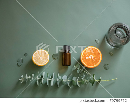 Lemon and orange citrus and eucalyptus leaves. Relaxing aroma scent. 79799752