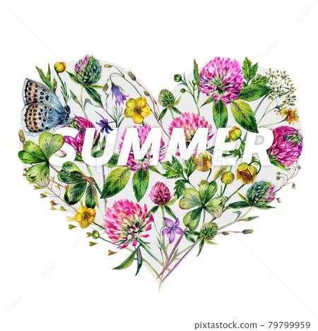 Watercolor Heart-Shaped Clover Bouquet Isolated on White. Watercolor Heart-Shaped Clover Bouquet Isolated on White. 79799959