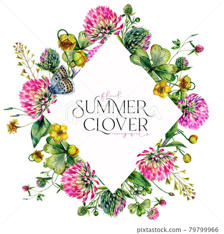 Watercolor Clover Floral Frame Isolated on White. Watercolor Clover Floral Frame Isolated on White. 79799966