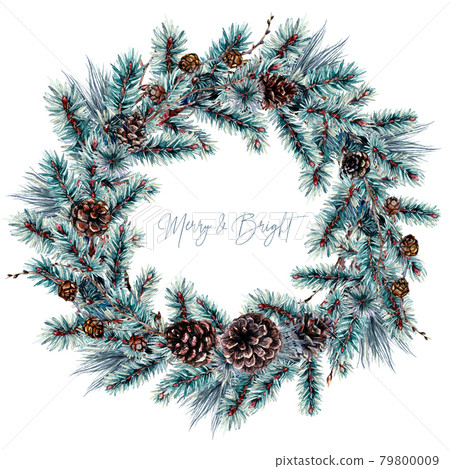 Watercolor Christmas Pine Wreath Isolated on White Background. 79800009
