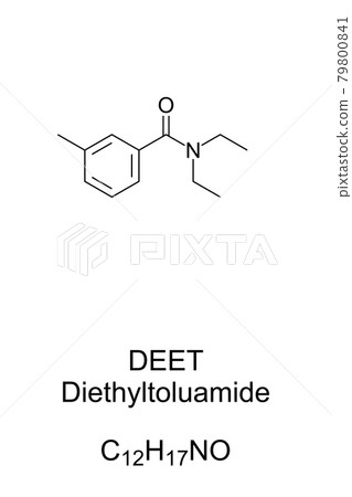 DEET, chemical formula and structure. Diethyltoluamide, most common active ingredient in insect repellents, a protection against mosquitoes, ticks, fleas, chiggers, leeches and other biting insects. 79800841