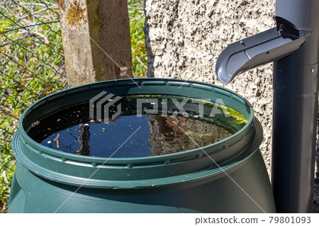 A full tank of rainwater under the gutter 79801093