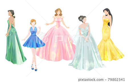 Handwritten watercolor style illustrations of 5 princesses 79802341