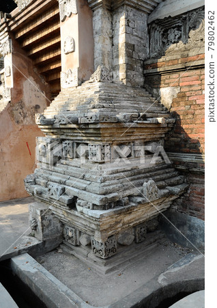 Stone work design and detail at Stone carving work with Javanese and Hindu influences. Located in the Old Grand Mosque of Mataram Kotagede, Jogjakarta Indonesia. Was build circa 1575. 79802462