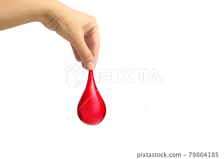 Hand holding blood drop on white background. Blood donation, blood transfusion, world blood donor day, world hemophilia day. 79804185