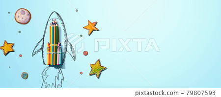 Back to school theme with a rocket and colored pencils Back to school theme with a rocket and colored pencils 79807593