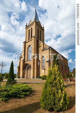 Ancient catholic temple of Assumption of the Virgin Mary in the village of Krasnoe, Molodechno district, Belarus. Ancient catholic temple of Assumption of the Virgin Mary in the village of Krasnoe, Molodechno district, Belarus. 79808569