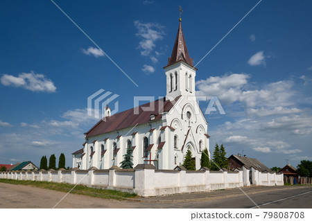 Old ancient catholic church of the Holy Trinity in Kossovo. Kosava village, Brest region, Belarus. Old ancient catholic church of the Holy Trinity in Kossovo. Kosava village, Brest region, Belarus. 79808708