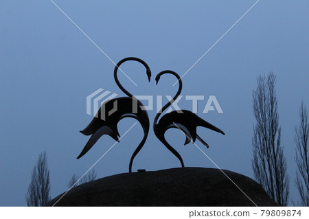 two swans stand on a heart-shaped stone. Mother's Day card, Valentine's Day Valentine's Day two swans stand on a heart-shaped stone. Mother's Day card, Valentine's Day Valentine's Day 79809874
