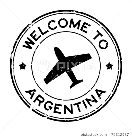 Grunge black welcome to Argentina word with airplane icon round rubber seal stamp on white background 79812987