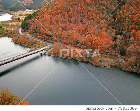 [無人機航拍，京都府美山町，秋葉]京都府南灘市小野水壩和彩虹湖的秋景 79813069