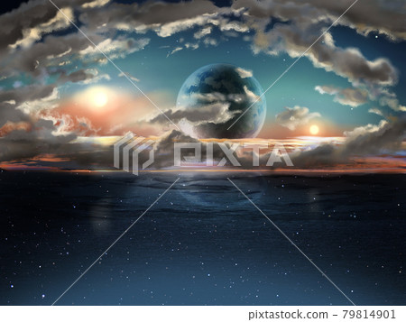 Fantastic landscape painting of the double solar system 79814901