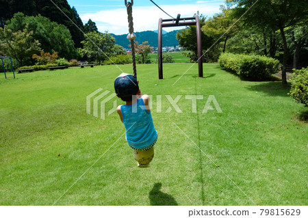 Kids playing on the Tarzan rope in the park 79815629